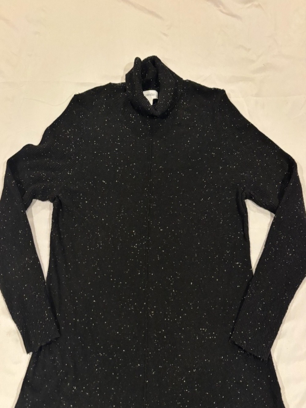Calvin Klein Black Speckled Ribbed Turtleneck Sweater Size L Quiet Luxury Knit